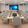 Modern Conference Room Interior With Long Wooden Table Comfortable Chairs Large Screen And Computers