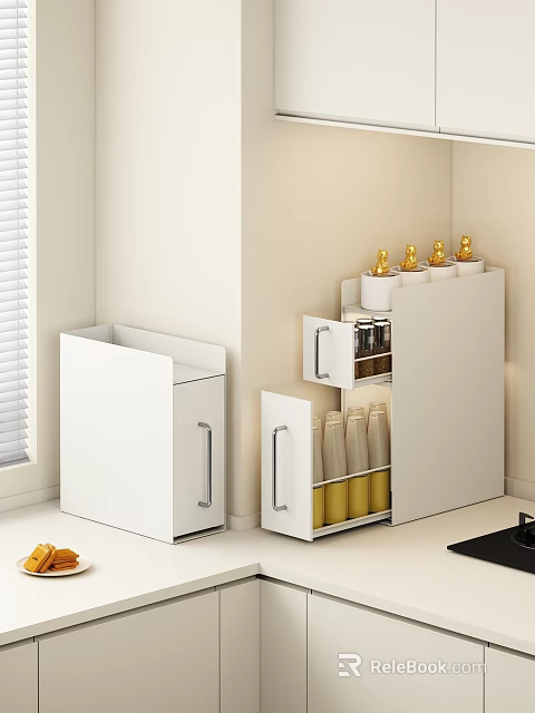 Modern Kitchen Corner Dinnerware Set In White Storage Cabinets With Clear Bottles And Golden Accents 3d model 