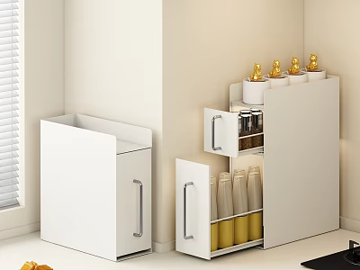 Modern Kitchen Corner Dinnerware Set In White Storage Cabinets With Clear Bottles And Golden Accents 3d model