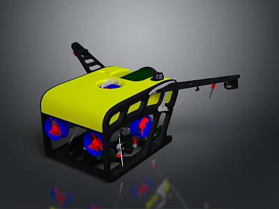 Yellow Underwater Drone With Black Frame Red Blue Propellers And Remote Control 3d model