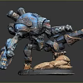 Detailed Blue And Gray Mechanical Warrior Model With Weapon And Sandy Base