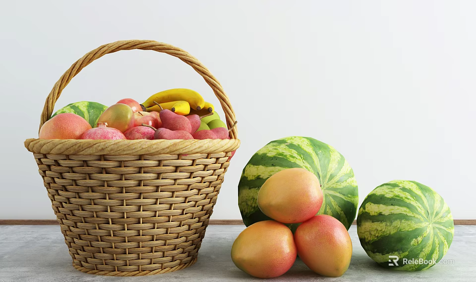 Fresh Fruits in Wicker Basket Including Peaches Bananas Strawberries with Watermelons and Mangoes Beside 3d model 