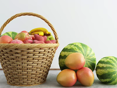 Fresh Fruits in Wicker Basket Including Peaches Bananas Strawberries with Watermelons and Mangoes Beside 3d model