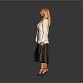 Woman In White Blazer Black Top Brown Skirt And High Heels Standing On Gray Background