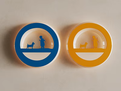Blue And Orange Circular Wall Lamps With Person And Dog Silhouette Design 3d model