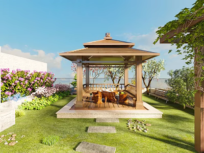 Wooden Outdoor Pavilion With Garden Greenery Flowers And Sea View 3d model