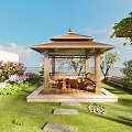 Wooden Outdoor Pavilion With Garden Greenery Flowers And Sea View