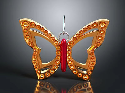 Golden Butterfly Shaped Commercial Equipment With Circular Dots Red Center And Hanging Hook 3d model