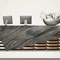 Elegant Modern Reception Desk With Marble Countertop Wooden Base Computers And Decorative Plants