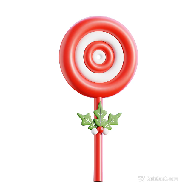 Red And White Spiral Lollipop With Holly Leaves And Red Berries On Stick 3d model 