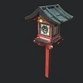 Japanese Style Garden Lantern With Green Roof Red Pillar And Stained Glass Panel