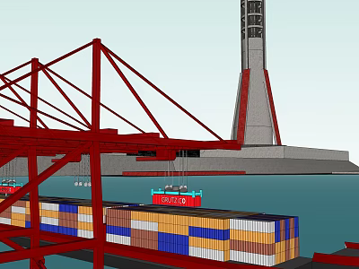 Active Port Terminal With Red Crane Loading Containers On Ship Near Tall Tower By Ocean 3d model