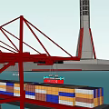 Active Port Terminal With Red Crane Loading Containers On Ship Near Tall Tower By Ocean