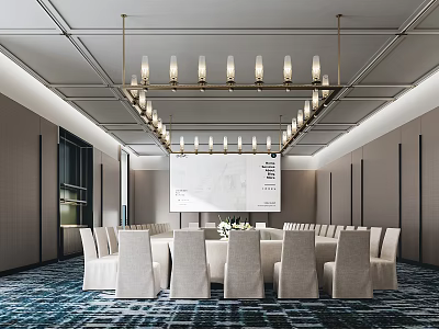 Modern Conference Room Interior With Long Table White Chairs Chandelier And Projection Screen 3d model