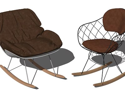 Two Brown Upholstered Accent Chairs with Metal Frame and Wooden Rocker Base 3d model