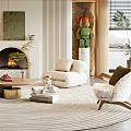 Modern Living Room Interior With Sofa Fireplace Area Rug And Decorative Artwork
