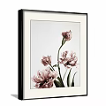Three Framed Botanical Paintings with Pink Flowers and Green Leaves on Gray Wall