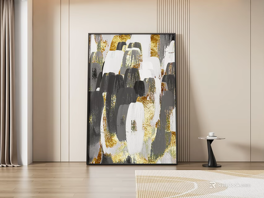 Modern Abstract Painting With Black White Gold Tones Hanging On Beige Wall And Small Side Table 3d model 