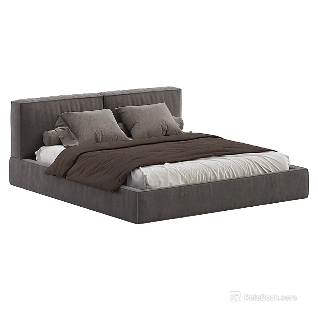 Modern Gray Upholstered Double Bed With Headboard Pillows And Bedding 3d model