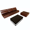 Modern Brown Leather Sofa with Black Coffee Table and Ottoman Set 3d model