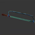 Hacksaw with blue metal frame and wooden handle on dark background showing clear reflection