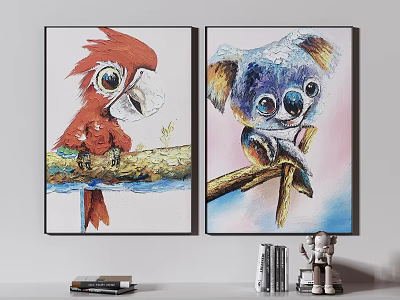 Vibrant Animal Paintings Featuring Red Parrot and Koala on Branches for Wall Decor Artwork 3d model