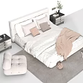 Modern Double Bed with Upholstered Headboard Pillows Blanket and Nightstand on Rug