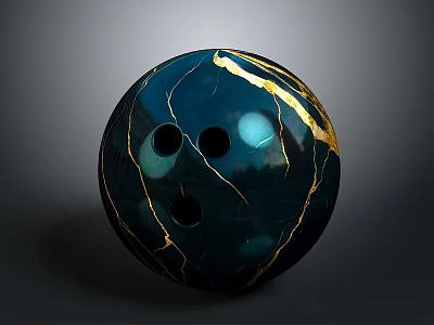 Dark Blue Bowling Ball With Golden Crackle Pattern And Three Finger Holes 3d model