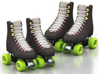 Stylish Black Roller Skates With White Laces Yellow Eyelets And Green Wheels 3d model