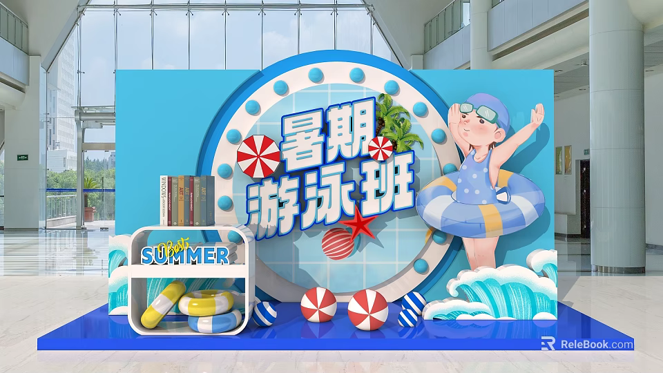 Summer Swimming Class With Cartoon Character Swim Ring Books And Blue Decorations 3d model 