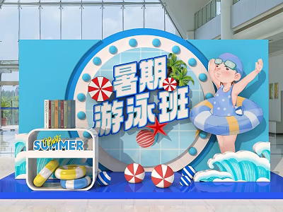 Summer Swimming Class With Cartoon Character Swim Ring Books And Blue Decorations 3d model