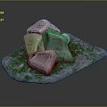 Natural Stone Surface With Green Moss And Plastic Wrapped Ice Cubes On Top