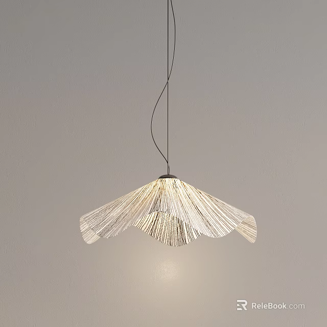 Modern Fan Shaped Woven Pendant Light With Warm Glow Against Gray Wall 3d model 