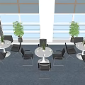 Modern Indoor Tables And Chairs With White Surfaces Black Seats Large Windows And Potted Plants