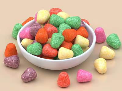 Sugar Coated Colorful Candies In White Bowl With Scattered Shapes 3d model