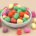 Sugar Coated Colorful Candies In White Bowl With Scattered Shapes