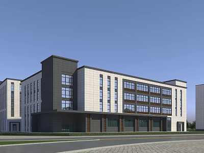 Modern Multi Story Industrial Factory Building Exterior With Large Glass Windows And Gray White Facade 3d model