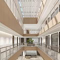 Modern Building Interior Atrium Design With Wooden Panels Glass Railings And Skylight