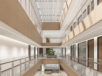 Modern Building Interior Atrium Design With Wooden Panels Glass Railings And Skylight 3d model