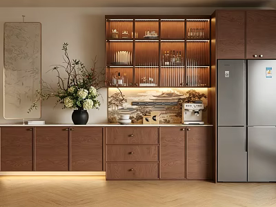 Wooden Sideboard with Glass Door Display Shelves Built-in Lighting and Vase with Flowers 3d model