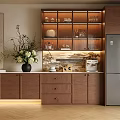 Wooden Sideboard with Glass Door Display Shelves Built-in Lighting and Vase with Flowers