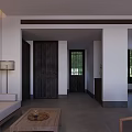 Minimalist Hotel Guest Room Interior With Sofa Floor Lamp Coffee Table And Green Screen Windows