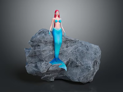 Beautiful Mythical Mermaid With Red Hair And Blue Tail Standing On Gray Rock 3d model