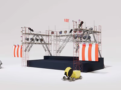 Heavy Duty Commercial Construction Equipment With Scaffolding Platform And Orange Banners 3d model