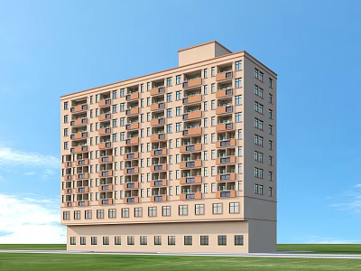 Multi Story Residential Building Exterior Design With Beige Brown Facade Green Lawn And Blue Sky 3d model
