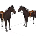 Two Brown Horses With Leather Saddles Standing On White Background
