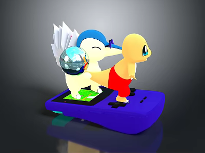 Cartoon Flying Animal With Blue Head White Wings Standing On Blue Device And Yellow Companion 3d model
