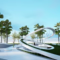 Modern Park Landscape With Curved White Pathway Palm Trees And Green Grass 3d model