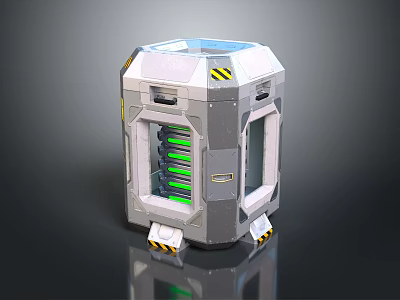 Futuristic Metallic Container With Green Internal Components Transparent Windows And Warning Stripes 3d model