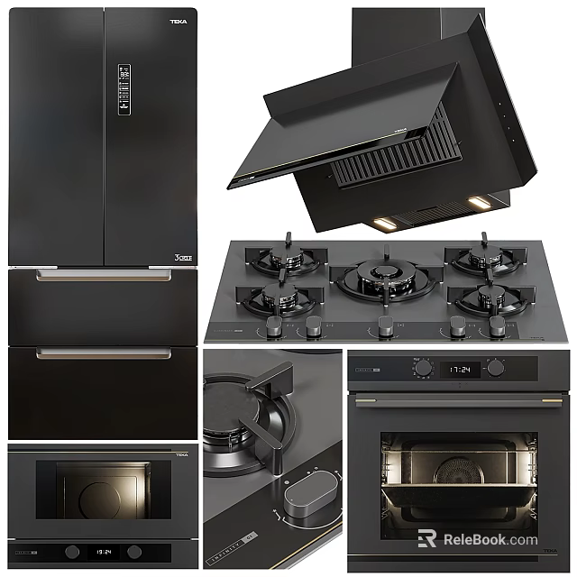 Sleek Modern Kitchen Appliances Featuring Range Hood Gas Cooktop And Oven Design 3d model 